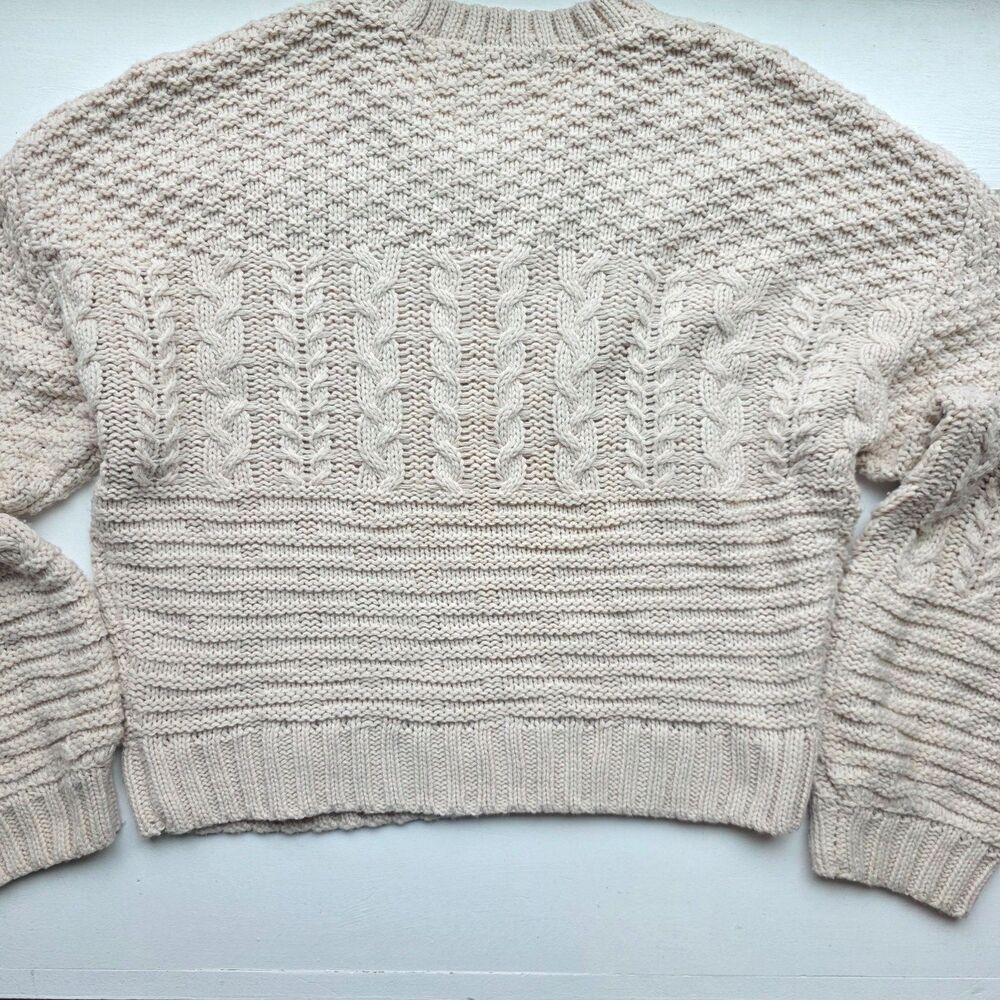 Saltwater Luxe Sweater Cable Knit Tan Boho Cropped Oversized Beach Neutral M - Picture 3 of 7